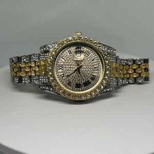Iced Out Two Tone Gold & Silver CZ Watch Roman Numeral Dial Bling Hip Hop